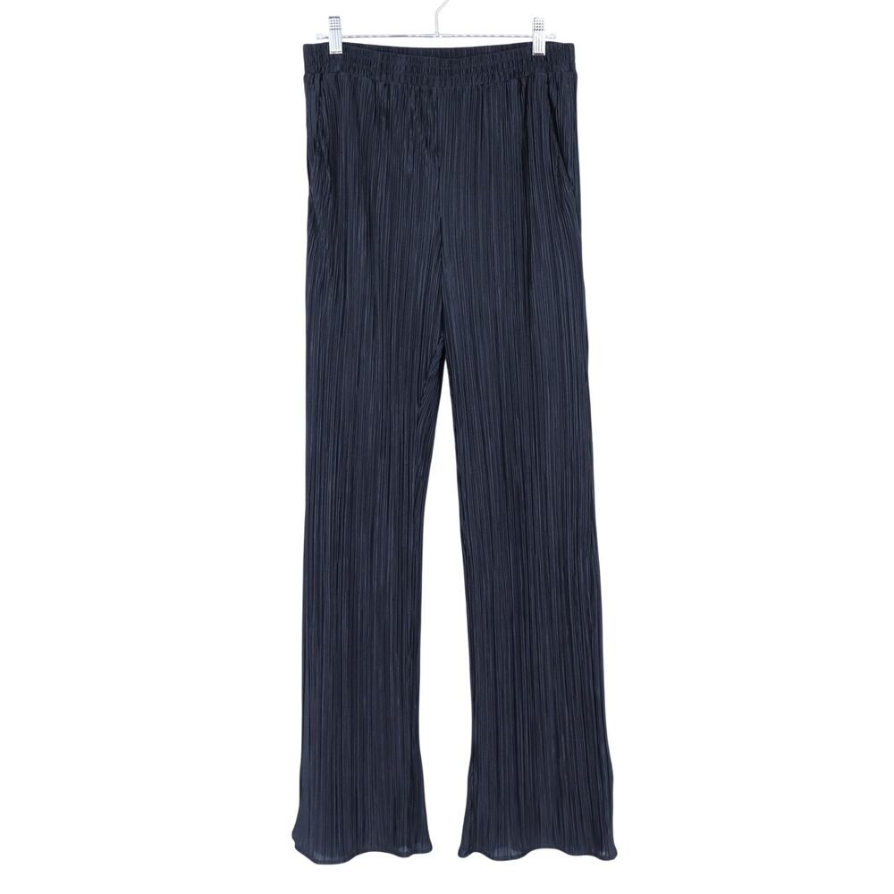 Dressed in Lala Plisse Pull On Pants Black Pleated Wide Leg Women's M
